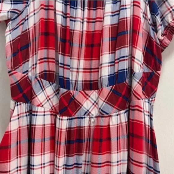 Torrid Puff Sleeve Tiered Midi Dress - Challis Plaid Red & Blue Sz14-16 (1X) EUC - Picture 5 of 14